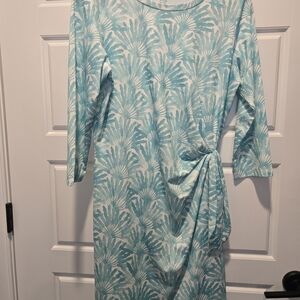 Vineyard Vines Aqua Shell-Print Long Sleeve Side-Tie Dress